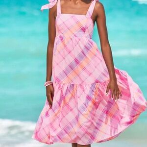 Lilly Pulitzer Vibrant Pink and Orange Plaid Midi Dress